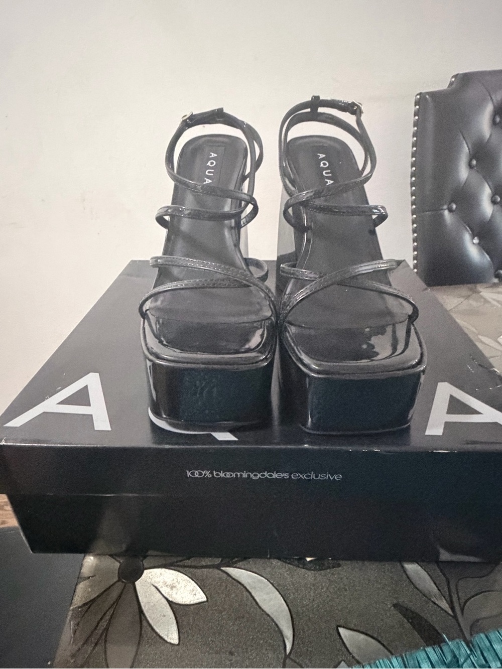 Aqua Black Patent Platform Strappy Heels